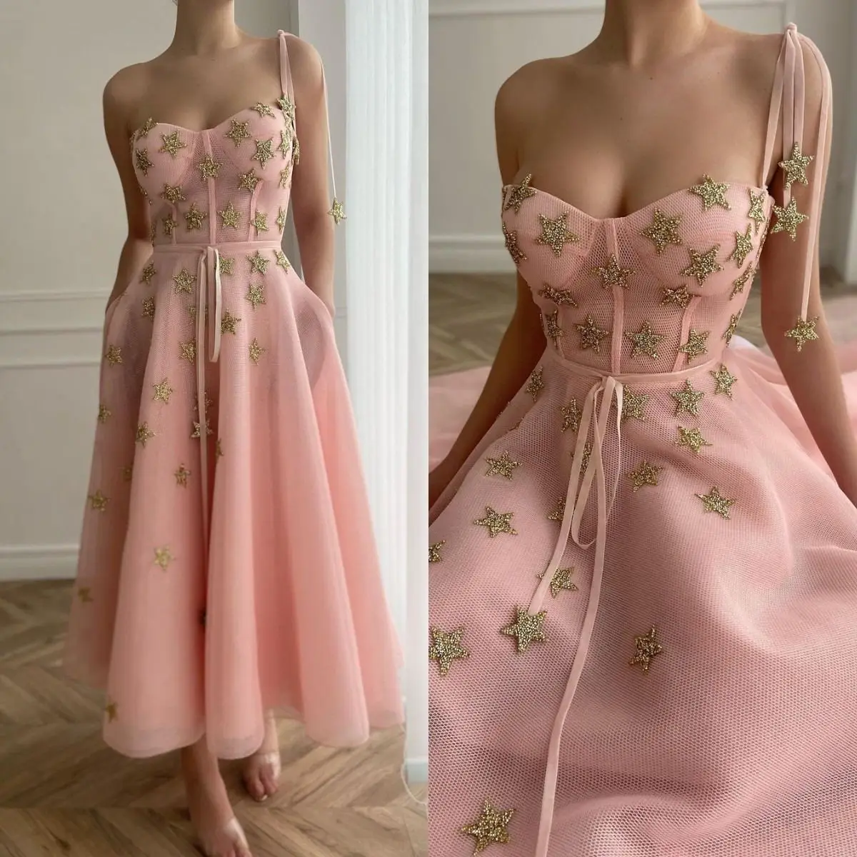 

Ankle Length Pink Prom Dresess with Pocket Spaghetti Women Party Gowns Gold Star A Line Customize Robe De Soirée