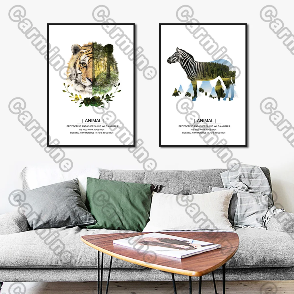 

Poster Cartoon Tiger Zebra Animal Canvas Painting and Prints Wall Art Decoration for Living Room and Bedroom 2Pcs Frameless