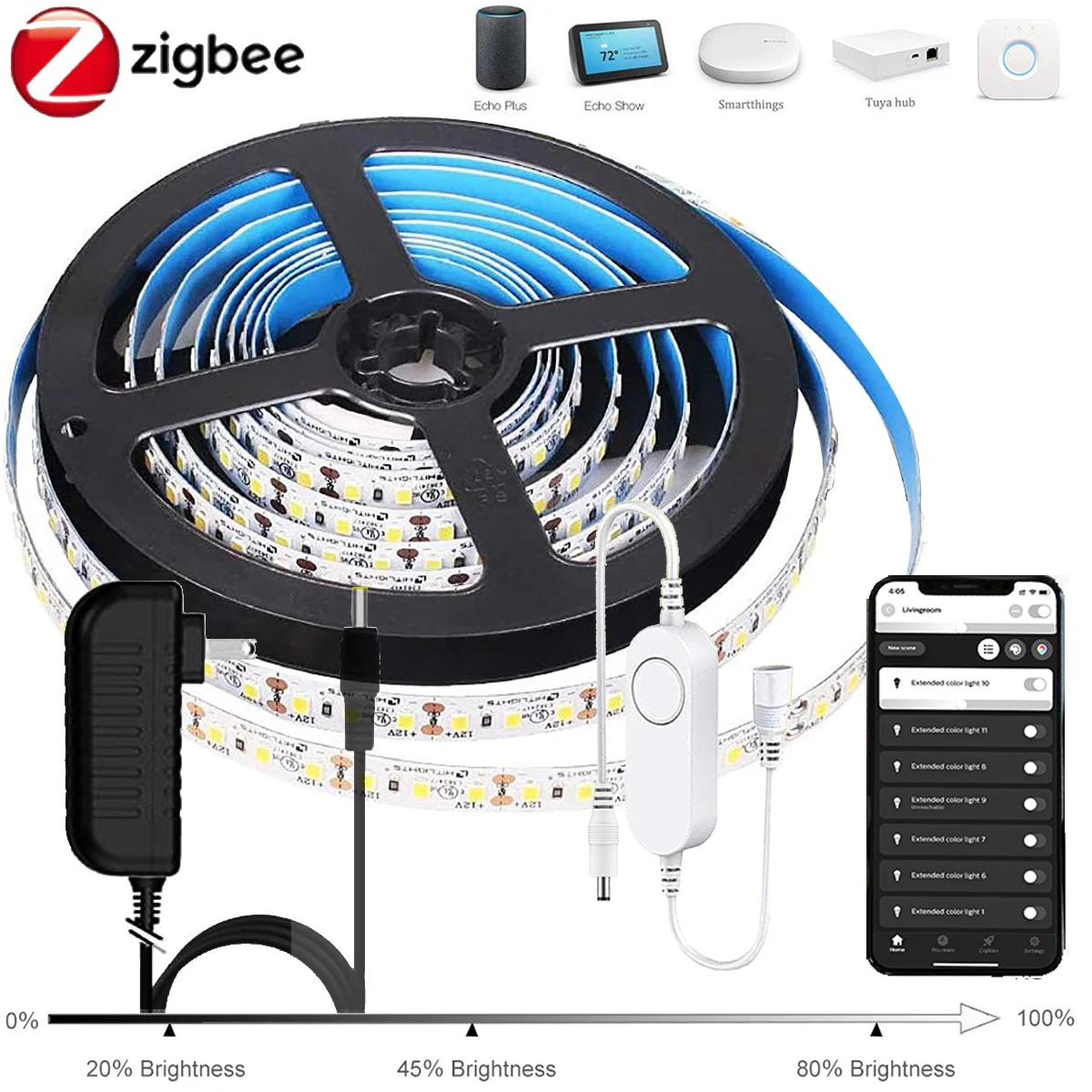 

DC12V Zigbee 3.0 Dimmer 1-10M LED Strip Flexible 2835SMD 120LEDs/m Led Light Kit Work tuya Smartthings hu*e Echo plus Z2mqtt hub