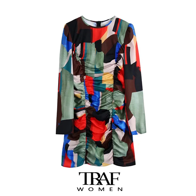 

TRAF Women Fashion Printed Pleated Mini Dress Vintage Long Sleeve Back Zipper Female Dresses Vestidos Mujer