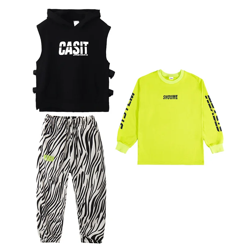 

3pcs Hiphop Suit for Teen Girls and Boys Fashion Kids Sports Suits Teenage Streetwear Loose Crop Tops +Vests+ Leopard Pants