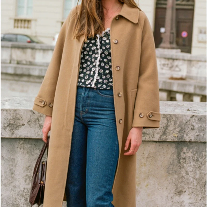 

2021 Winter Women Woolen Mid-length Coat Turn-down Collar Single Breasted Ladies Elegant Warm Jacket Outwear Tops with Sashes