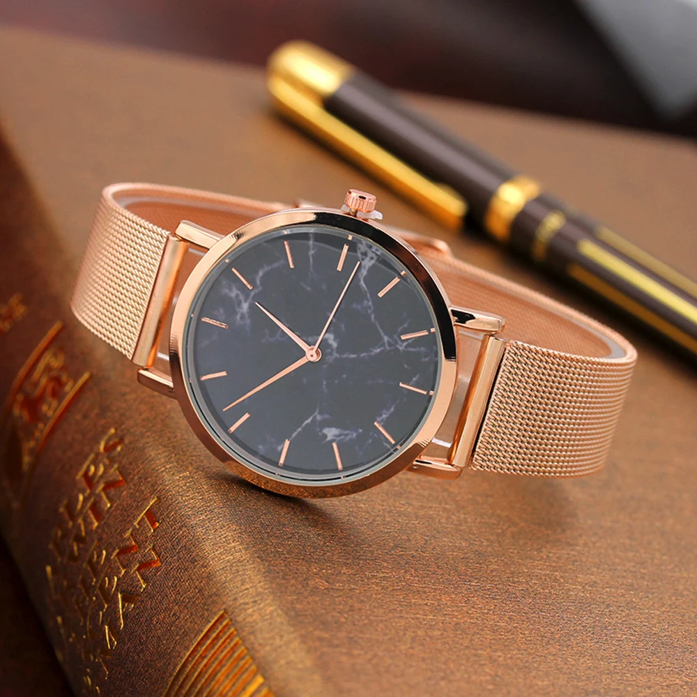 

HEZHUKEJI брендовые модные серебристые и золотистые креативные мраморные наручные часы с сетчатым ремешком повседневные женские кварцевые час...