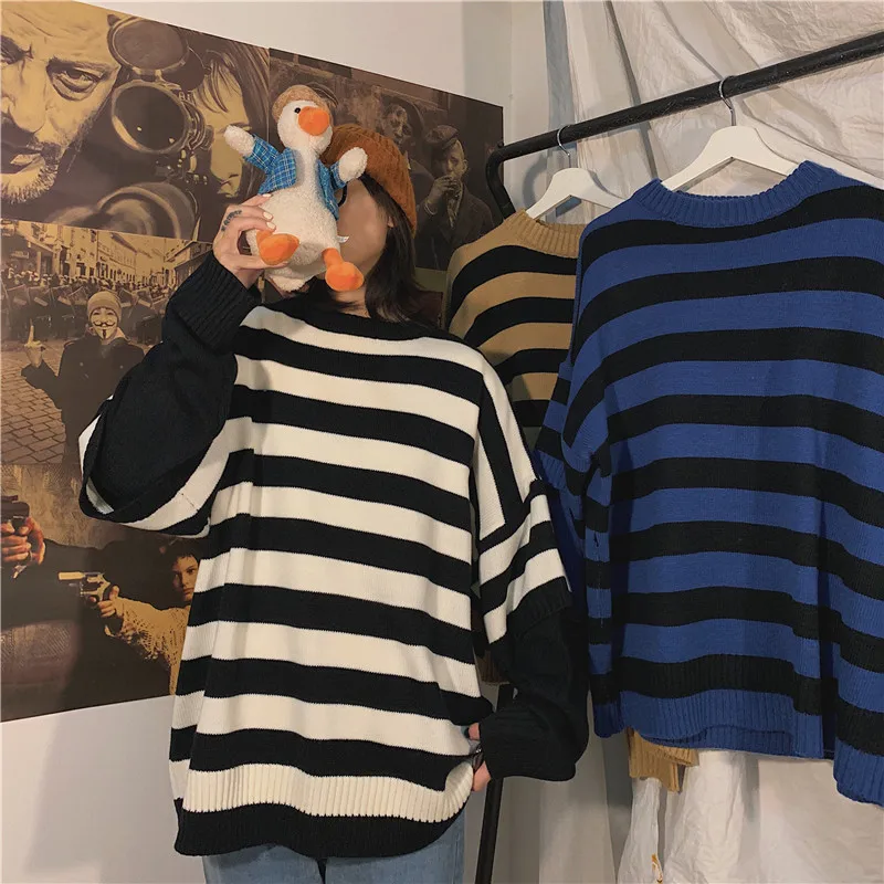 LAPPSTER Men Harajuku Oversized Sweater Fall Pullover Man Fake Two Pieces Streetwear Sweater Korean Fashion Striped Clothes