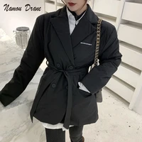 2021 autumn and winter new temperament is thinner waist tie suit female self cultivation all match quilted cotton jacket tide