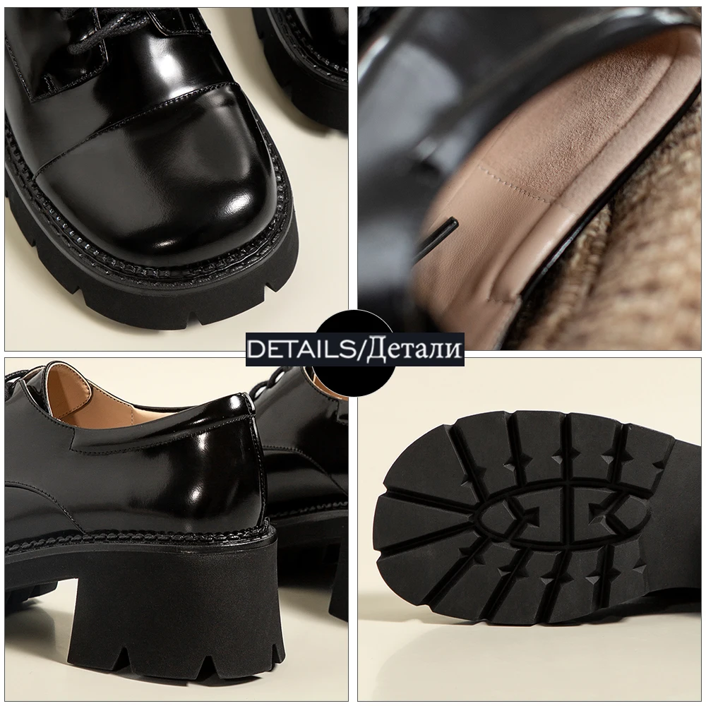 

WETKISS Women Genuine Leather Chunky Heel Flats Platform Rubber Skid Proof Lace Up Shoes Leather School Style Girls Shoes 2021