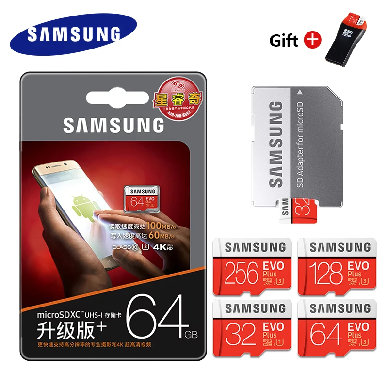 SAMSUNG EVO Plus карта памяти 32 Гб/SDHC 64 Гб/128 ГБ/256 ГБ высокоскоростная SDXC Micro SD TF карта класс 10 Microsd C10 UHS-1 карты