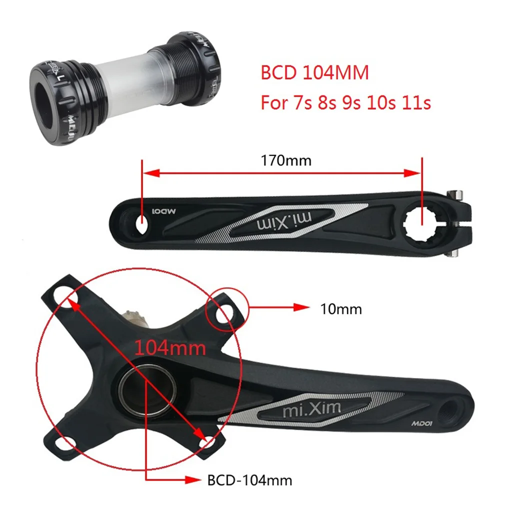 

Aluminum Alloy Bike Crank Arm Set Mountain Bike Crankset 170mm 104 BCD with Bottom Bracket for BMX Road Bicycle Folding Bikes