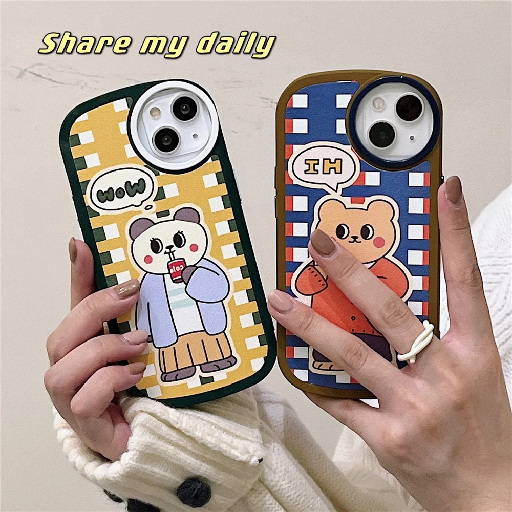 

Leather Circle Lens Case For Cute Grid Drink Bear For Iphone 13 12 11 Pro Max X Xr Xs Max Soft Tpu Protection Cover For Iphone