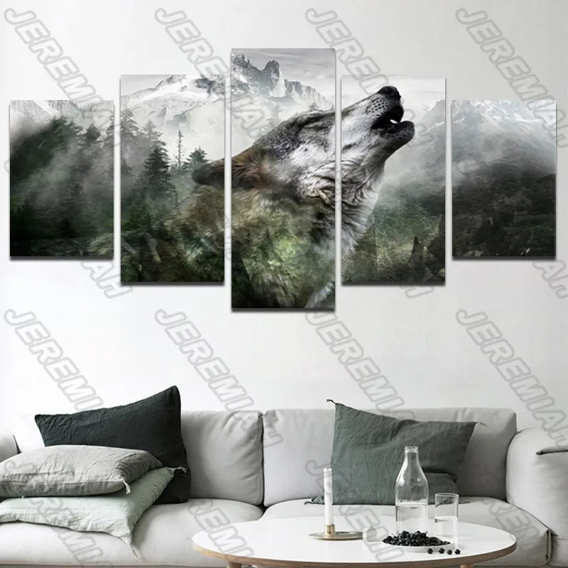

Canvas Snow Mountain Wolf Tree Poster Nordic Style Wall Art Canvas Print Painting Modern Living Room Decoration