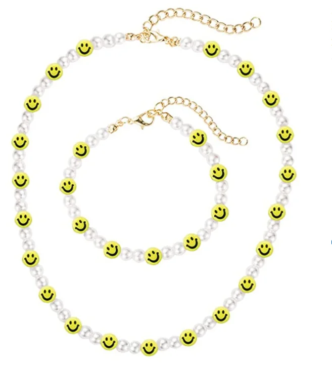 

2pcs/Set Korean Trendy Smiley Face Irregular Pearl Polymer Clay Soft Pottery Bracelet Necklace Suit For Women Party Jewelry Gift