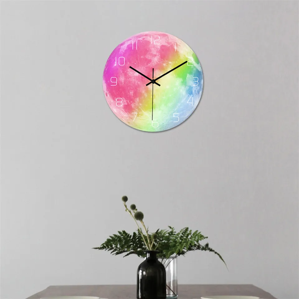 Светящиеся Настенные часы в виде радуги и Луны, современный дизайн, акриловые бесшумные цветные флуоресцентные настенные часы для спальни, подарки
