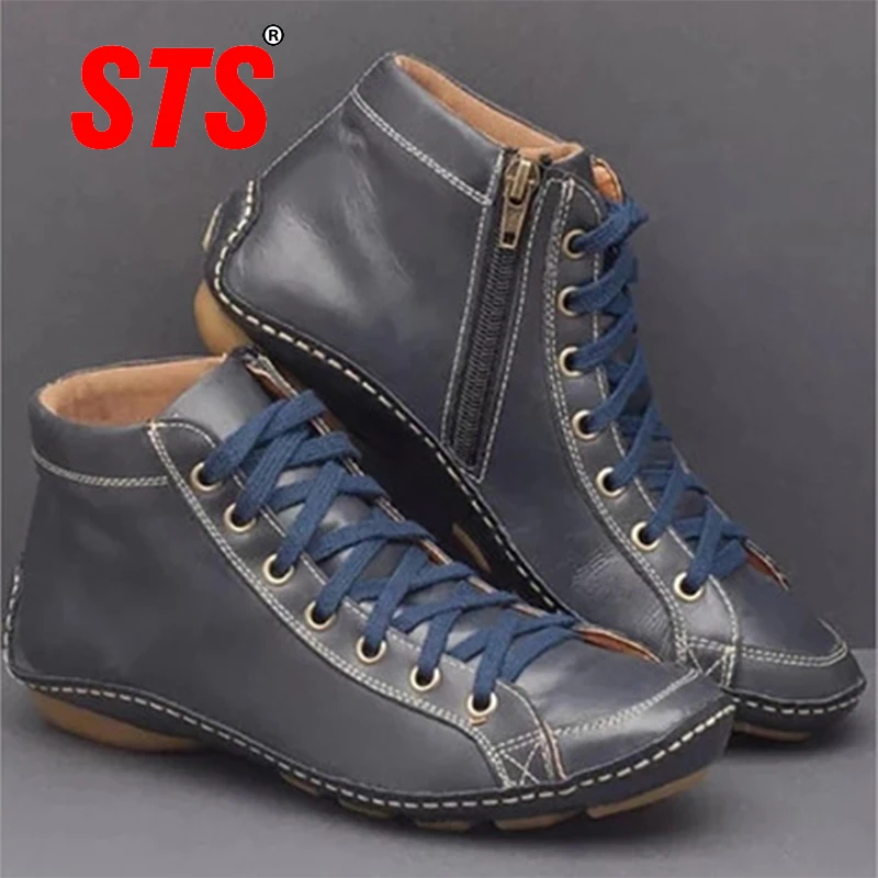 

STS Women's Casual Boots Flats Bottom Zipper Leather Vintage Fashion Short Boot Comfortable Soft Outdoor Footwear Plus Size