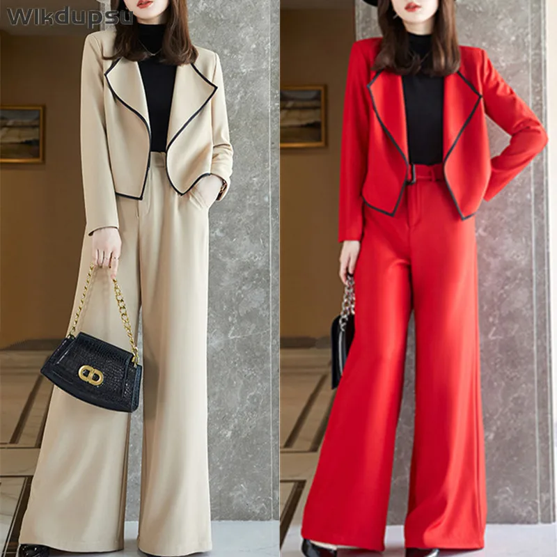 Wide Leg Pants Set Women High Waist Palazzo Pant Korean Style Oversize Business Casual Loose Elegant Blazer Office Suit Trouser