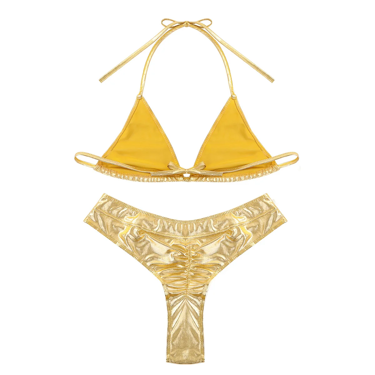 Women Sexy Shiny Metallic Swimsuit 2 Piece Triangle Bikini Set Halter Neck Top with Mid-rise Thongs Swimwear Bathing Suit |