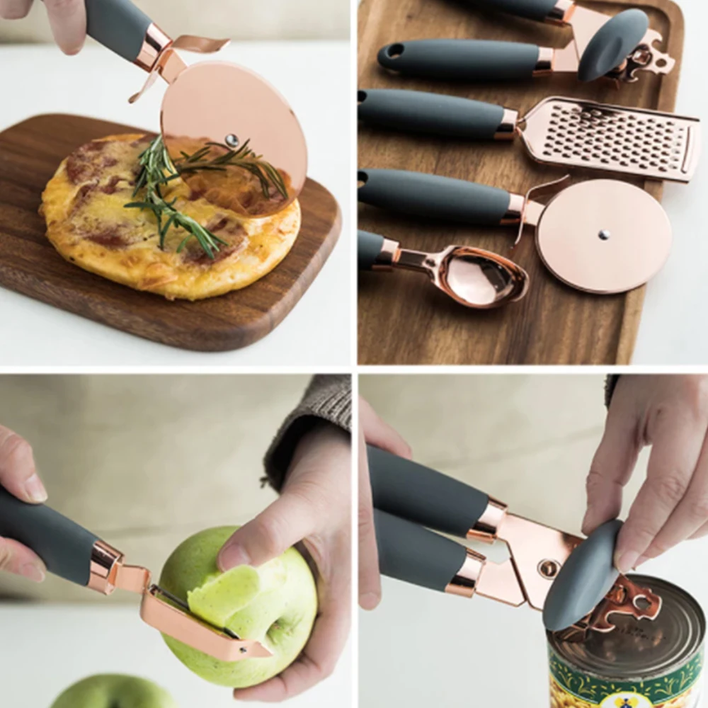walfos 7 pcs kitchen gadget set copper coated stainless steel utensils with soft touch rose gold garlic press pizza cutter free global shipping
