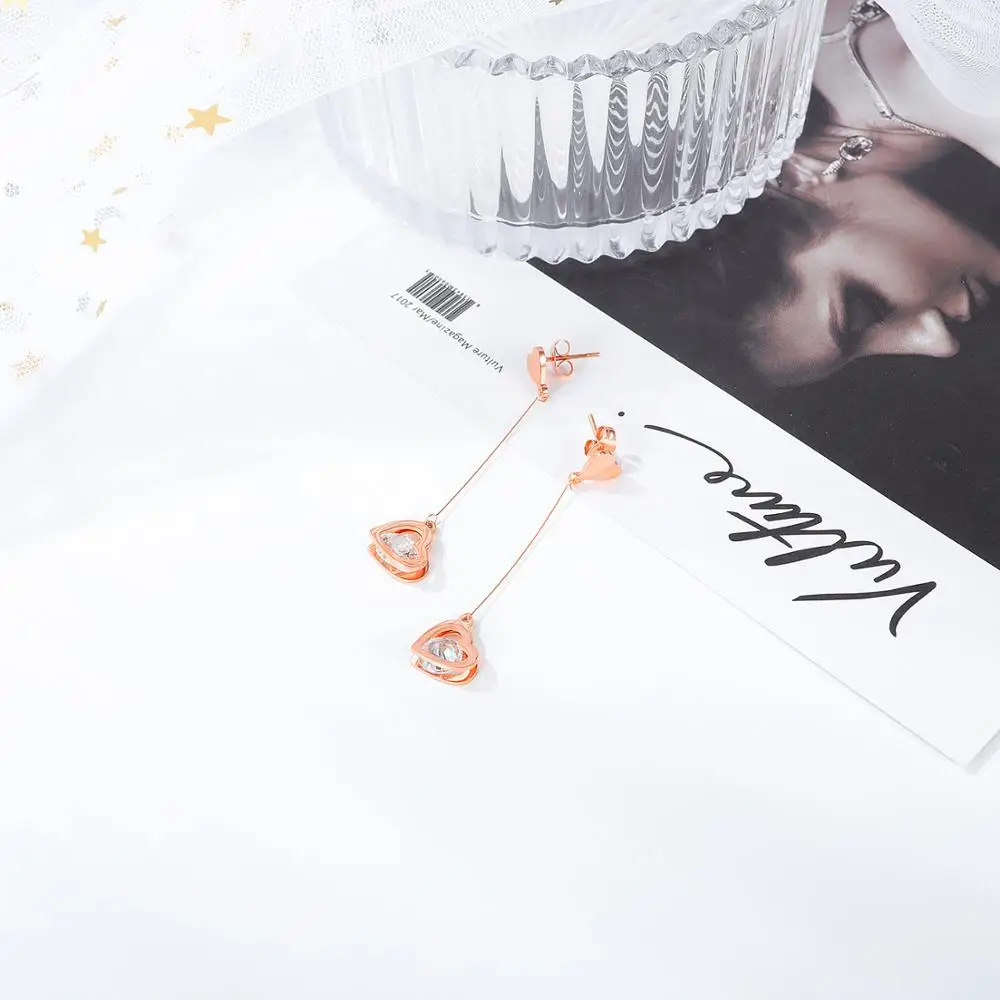 Серьги Hemiston с кисточками и сердцем из циркония женские серьги покрытием розового