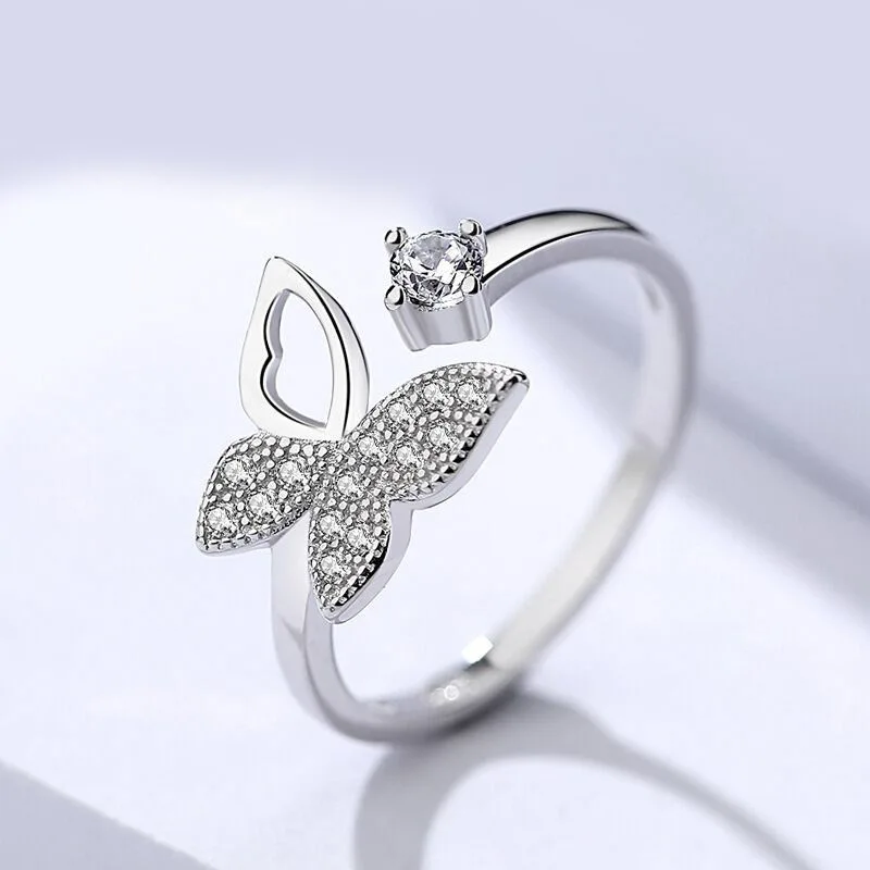 

New Silver Plated Luxury Crystal Butterfly Rings for Women Jewelry Silver Color Fashion Open Adjustable Finger Ring