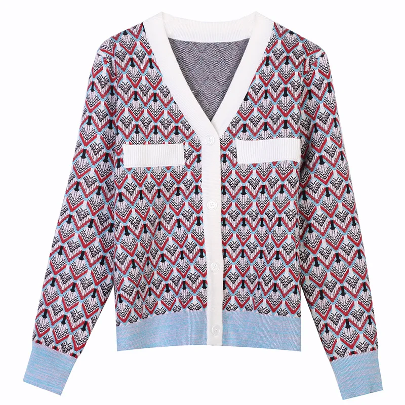 

Retro Plaid Jacquard Knit Cardigan 2020 Autumn Winter New Cardigan Sweater V-neck Single Breasted Loose Knitted Sweater Jacket