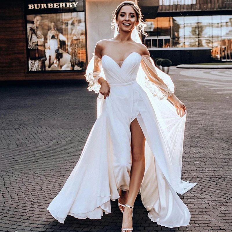 

Платье Свадебное шифоновое с разрезом по бокам, длинными рукавами-фонариками