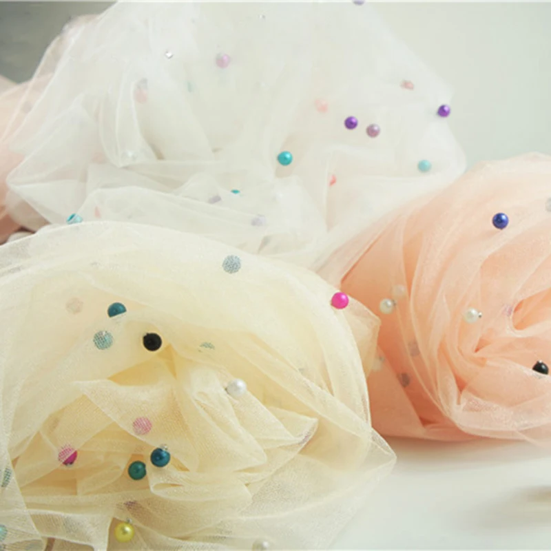 1 ярд Блестящий Разноцветный жемчуг Тюль органза ткань жемчужная сетка для