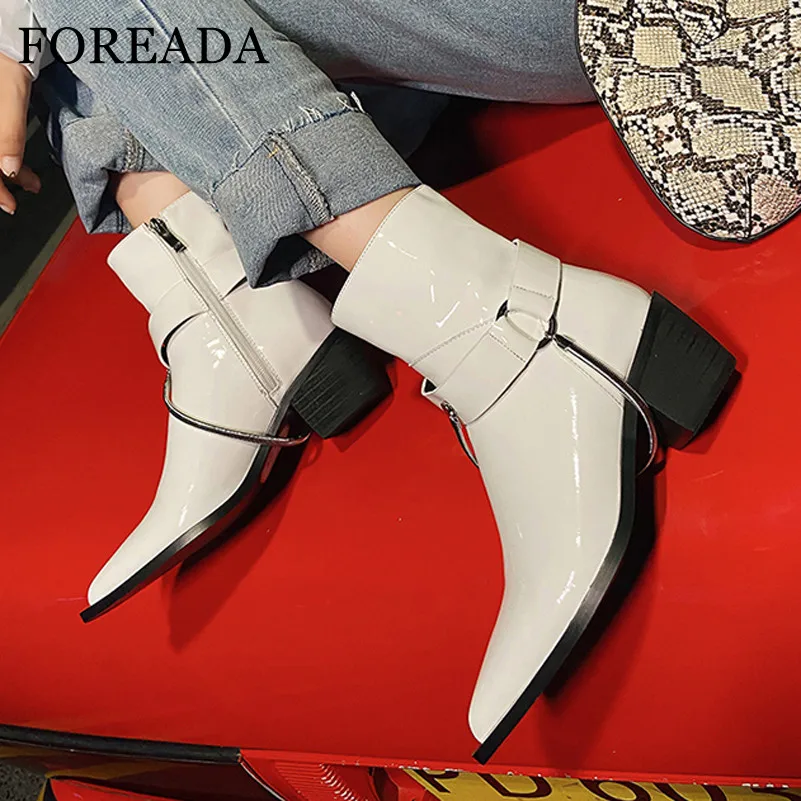 

FOREADA Pointed Toe Woman Boots Real Leather High Heel Ankle Boots Zip Block Heel Short Boots Chain Female Shoes White Size 40