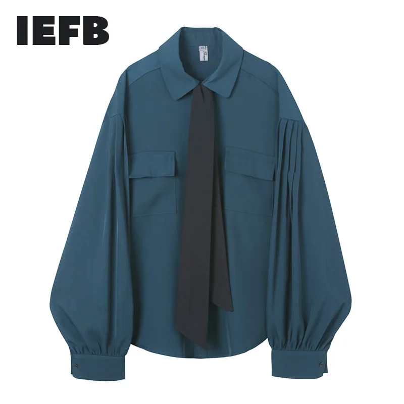 IEFB/женская и мужская одежда Свободная рубашка с рукавом фонариком бандажным