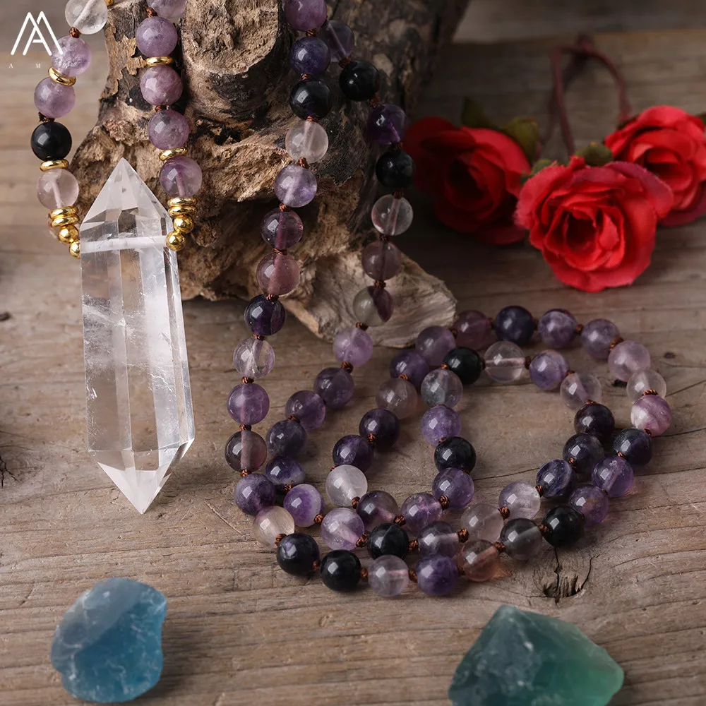 

Natural White Quartz Double Point Pendant 8mm Amethysts Quartz Crystal Beads Knot Handmade Necklace Women Chakra Healing Jewelry