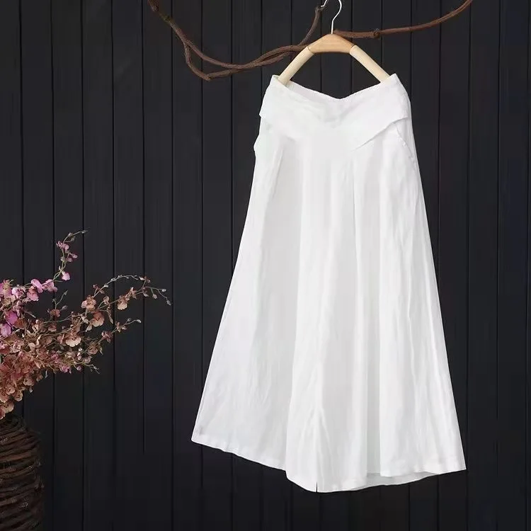 

Loose cotton linen wide-leg trousers and culottes for ladies in pure color elastised waist linen trousers for summer leisure