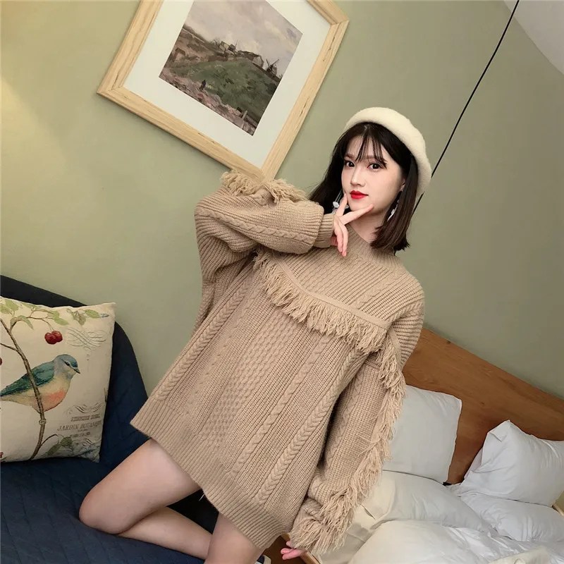 Женские вязаные свитера оверсайз с кисточками винтажные женские пуловеры