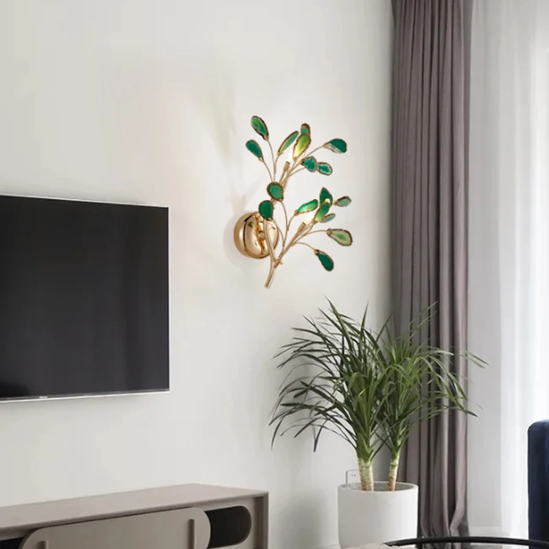 

Modern Golden Metal Branch Wall Lamp Natural Agate Flakes Led Color Wall Sconce Light Home Decoration Indoor Lighting Fixture
