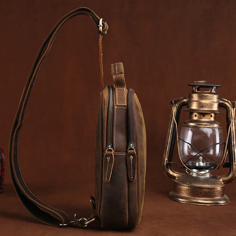 

100% Genuine Crazy Horse Leather Men's Sling Chest Day Pack Back Vintage Casual Messenger Bags Cross Body Cowhide Shoulder Bag