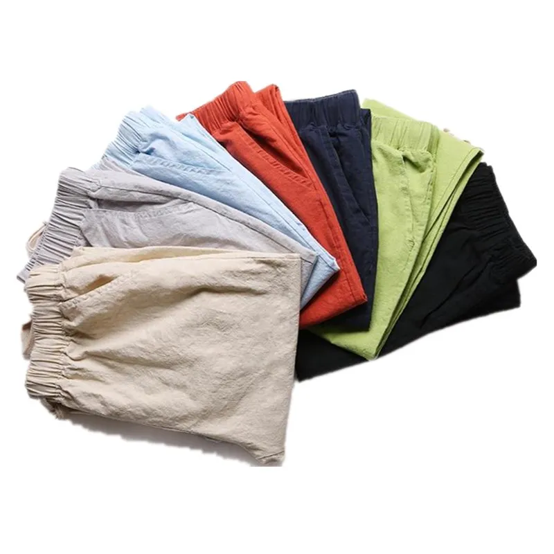 

2021 Spring Summer Woman Cotton Linen Pants Elastic Waist Solid Harem Pants Ankle-length Capris Trousers Bloomer Pencil Pants