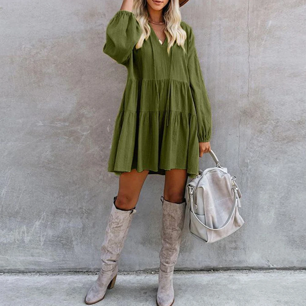 Женское платье трапеция с рюшами однотонное Свободное v образным вырезом и