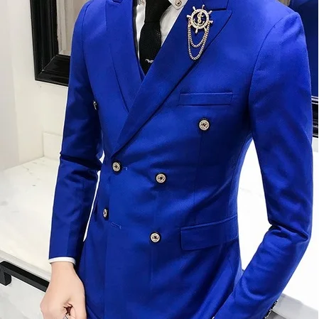 Bright blue blazer Роскошный Королевский мужской костюм 3 комплекта модный бутик двубортный сплошной цвет свадебное платье Тонкий деловой, банкетный вечерний наряд - Цвет: Bright blue blazer