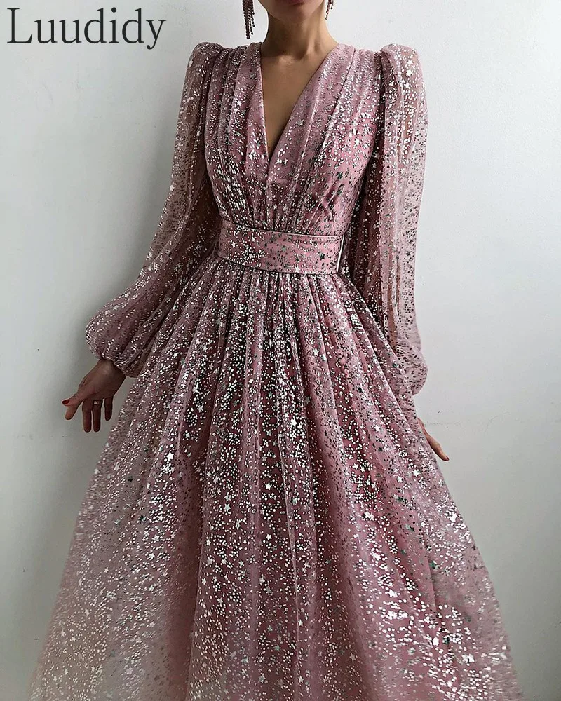 

Lantern Sleeve Studded Mesh Prom Dress Women V-Neck Long Sleeved Backless A-Line Dress