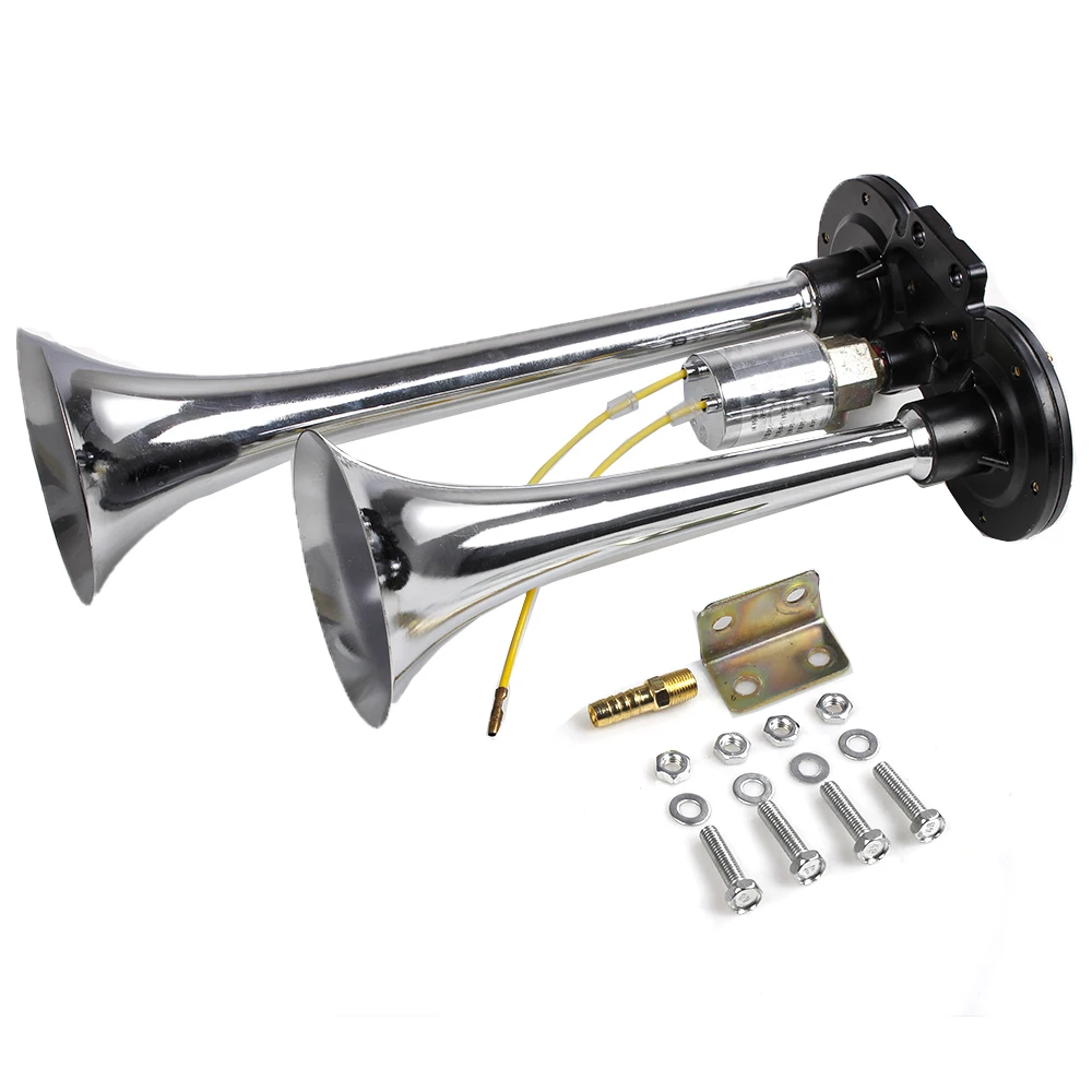 

Universal 24V Loud Dual Trumpet 105-125db Loud Chrome Car Air Horn for Trucks Cars Automobiles Lorry Boat Train Air Klaxon