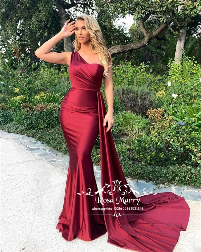 

Сексуальные бордовые вечерние платья размера плюс, Русалка, 2020, длинное атласное платье на одно плечо, Дешевые Простые Вечерние платья