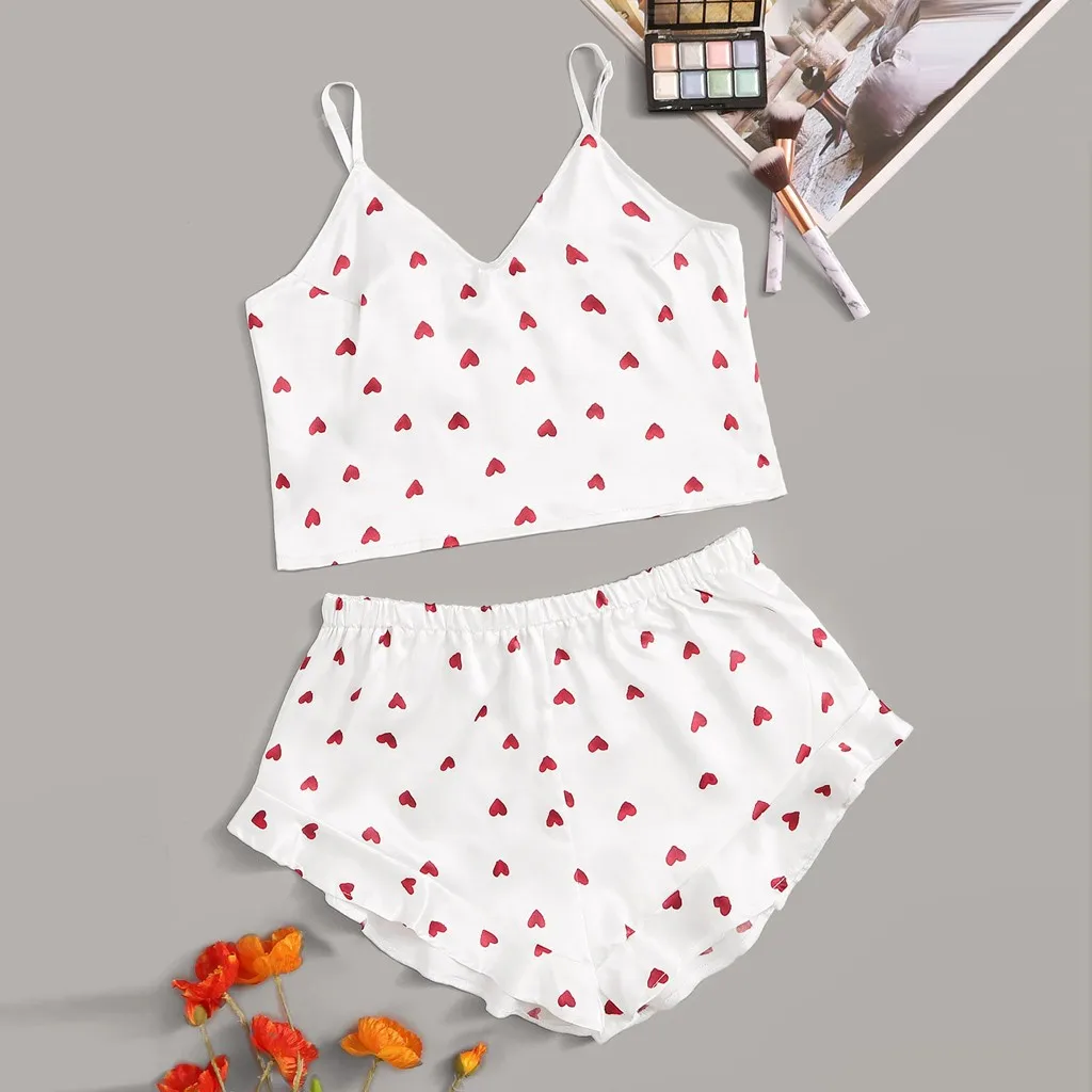 

Women lovely Home pajamas Suspender top Heart Print Satin Camisole Pajamas Ruffled Flounce Shorts Lingerie Set LY