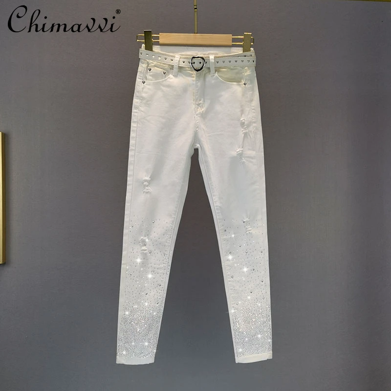 

High Street Fashion Women Hot Rhinestone White Jeans 2021 Summer New High Waist Ripped Slimming Cropped Thin Pants