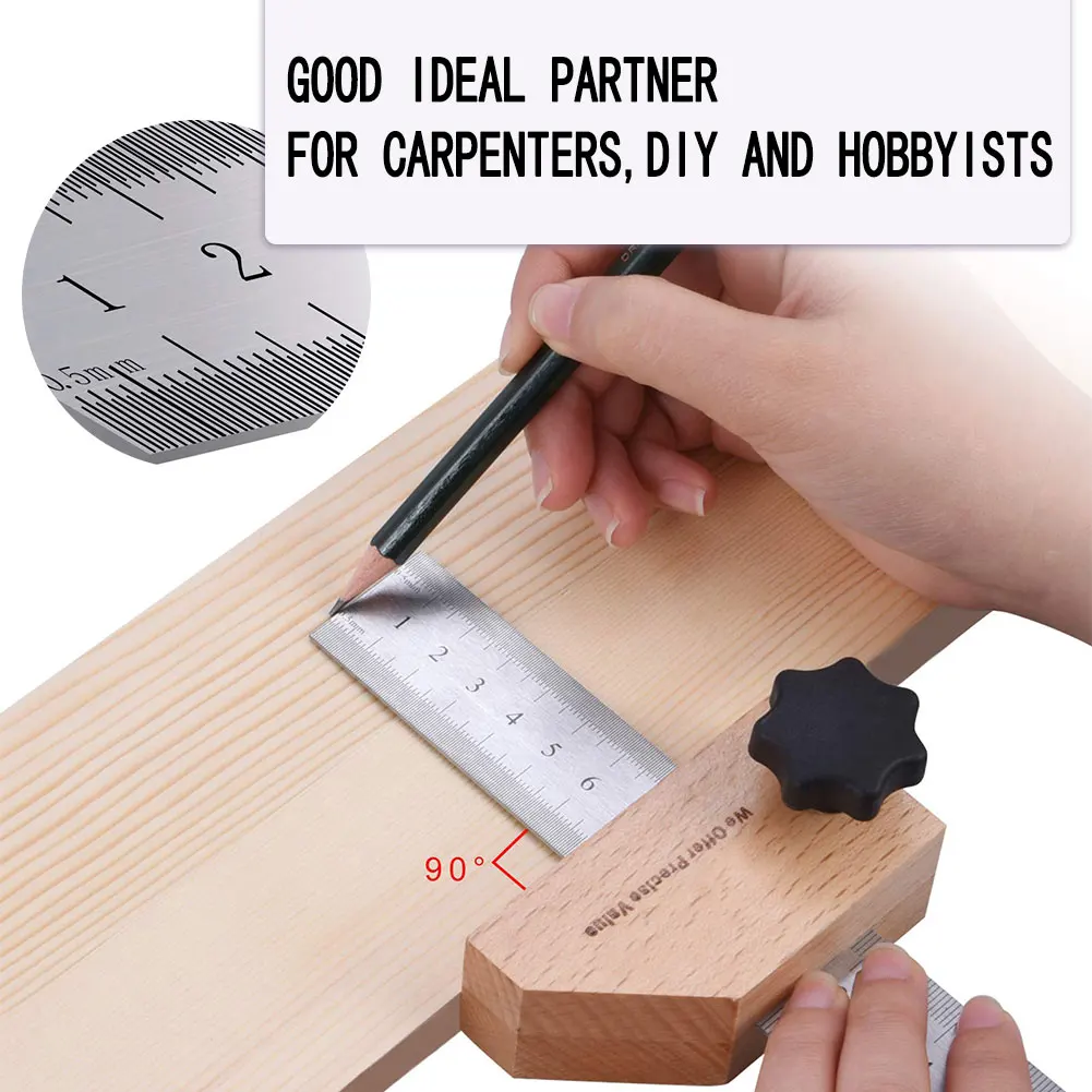 

Woodworking Positioning Block Steel Ruler 45 90 Angle Scriber Line Marking For Ruler Locator Carpentry Scriber Measuring Tools