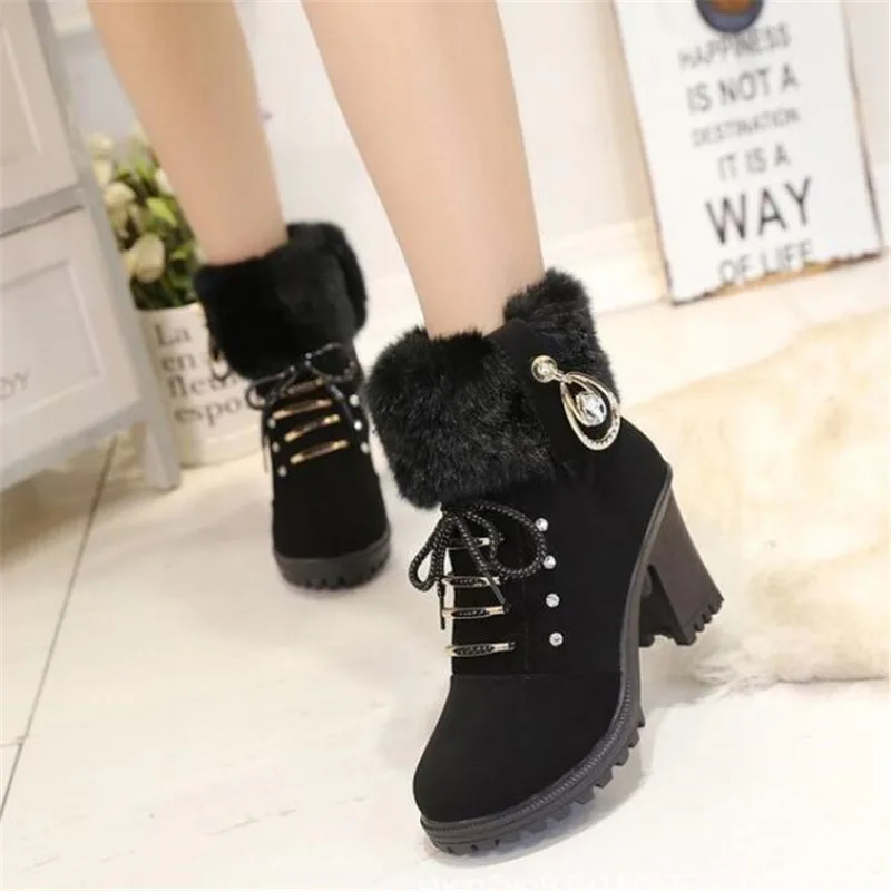 

Autumn winter new solid color plus velvet warm women's riding boots with non-slip high-heeled round head women shoes 35-41