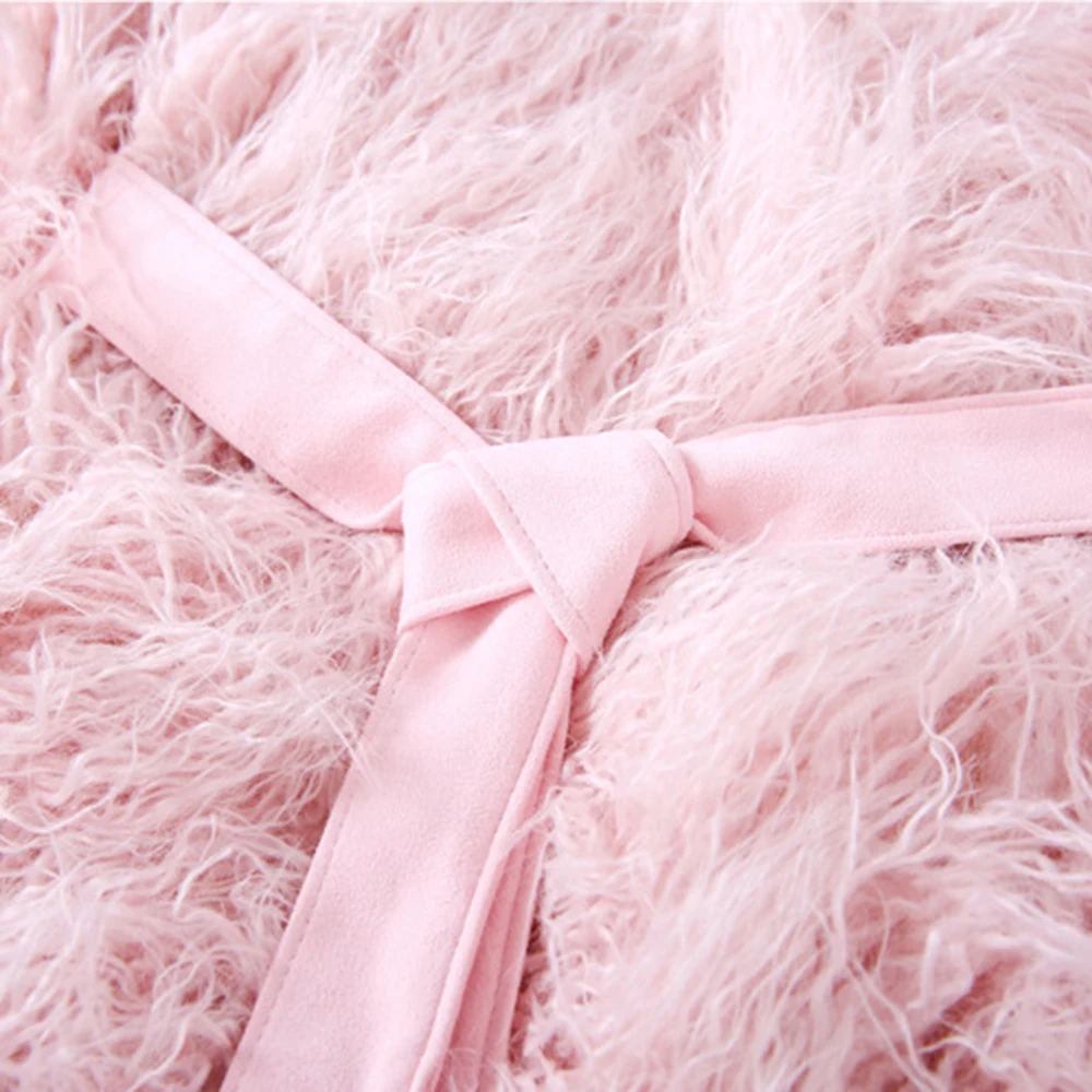 Women Long Mongolian Wool Fur Coat Pink Elegant Faux Fur Coat Fluffy Furry Warm Outerwear Ladies Thick Jacket Lambswool Overcoat
