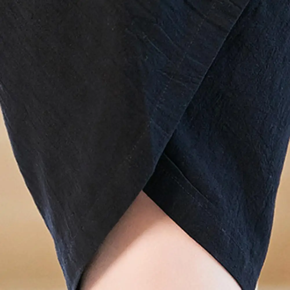 

Solid Color Drawstring Wide Leg Capri Pants Elastic Waist Men Irregular Hem Thin Mid Rise Trousers Sweatpants for Daily Wear