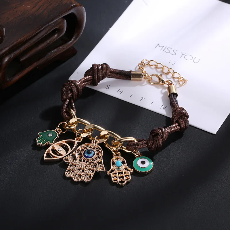 

2021 Vintage Fatima Evil Eye Palm Bracelets For Women Fashion DIY Weave Amulet Eyes Tassel Charm Bracelet Boho Party Jewelry
