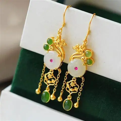 

Classical Chinese Style Hetian Jade Safety Buckle Earrings Sterling Silver Jasper Tassel Earrings Fairy Retro Super Fairy Earrin