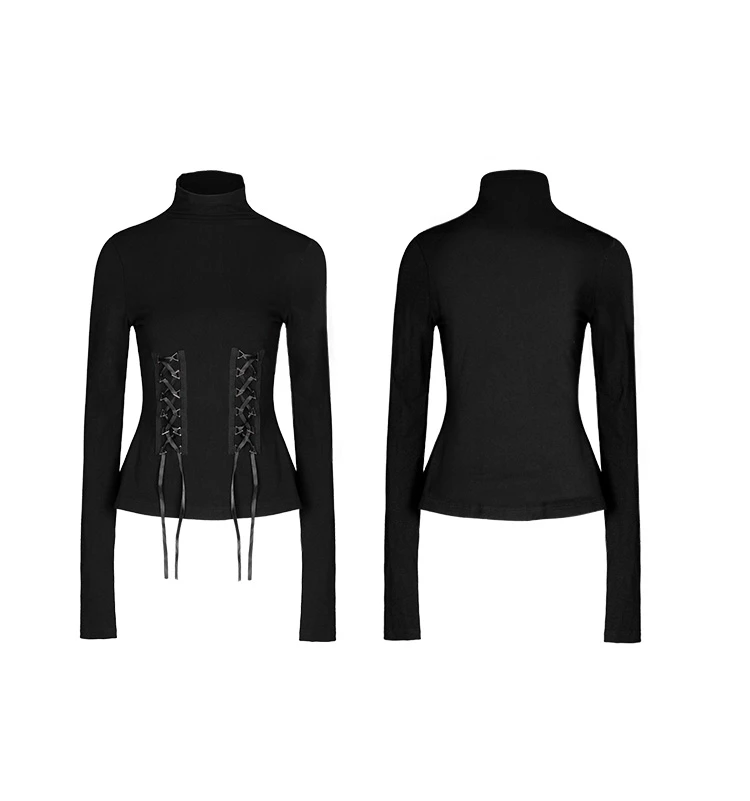 Панк рейв Женская готика Высокая шея шнуровка с длинными рукавами футболки PT 396
