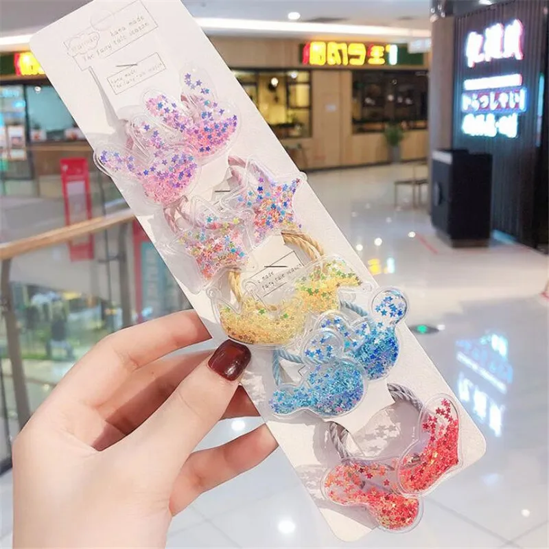6 New Cute Crown Star Quicksand Scrunchies Children Girls Kids Elastic Hair Rubber Band Accessories Tie Hair Ring Rope Holder - Color: 6