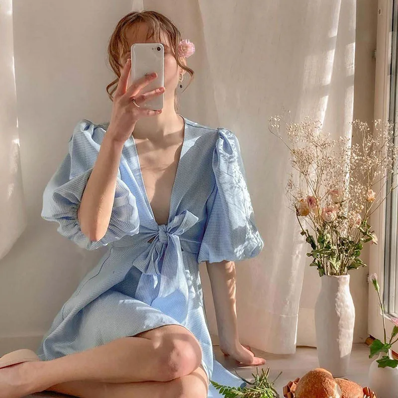 

Elegant V Neck Blue Plaid Women Dress Puff Sleeve Lace Up High Waist A-line Dresses Casual Bow Lady Summer Dress Vestidos 2021