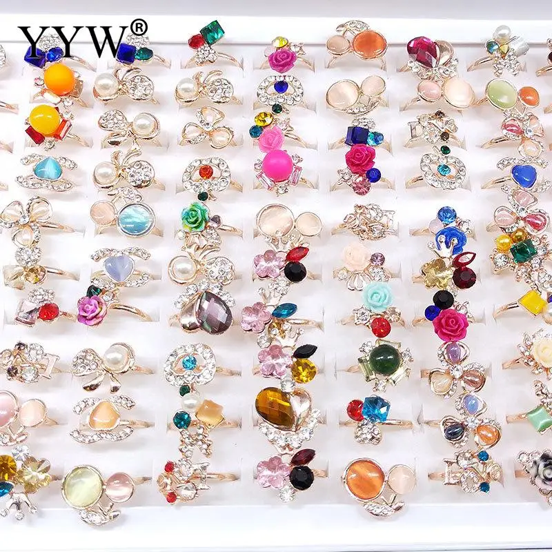 5-16 US Size Fashion Cute Women Gift Rings With Cats Eye Party Rhinestone Multicolor Finger Ring 100pcs/Box Rings Jewelry Gift